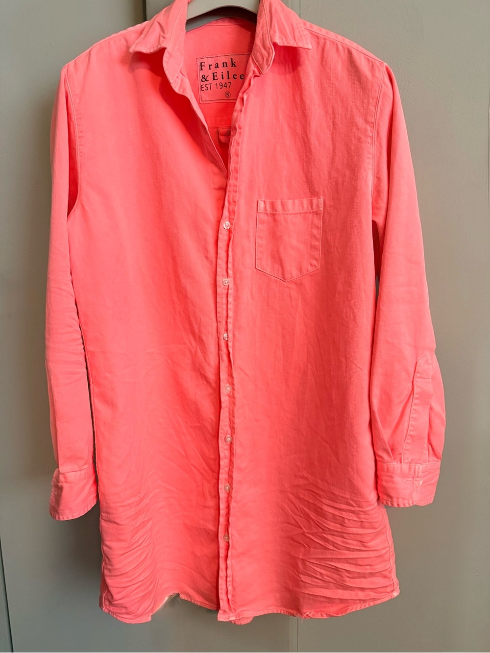 Mary Distressed Denim Shirtdress Neon Coral Frank & Eileen S - Picture 12 of 15